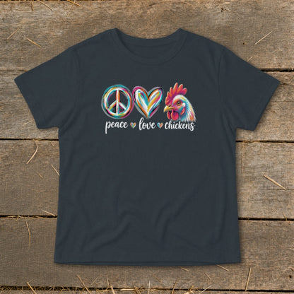 Dark t-shirt with peace, love, chickens graphic and colorful chicken illustration.