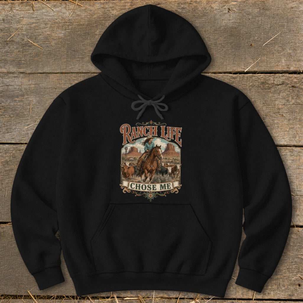 Black hoodie with graphic of a woman on horseback and text "Ranch Life Chose Me."
