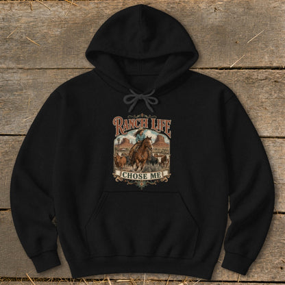 Black hoodie with graphic of a woman on horseback and text "Ranch Life Chose Me."