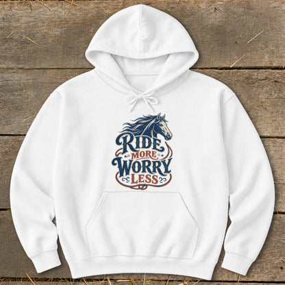 White hoodie with a dark blue horse graphic and text "Ride More Worry Less".