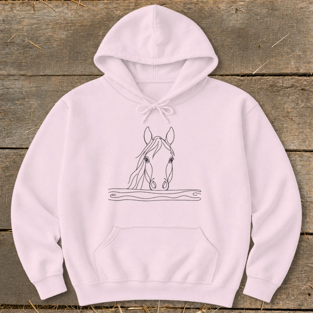 Pink hoodie with a minimalist black line drawing of a horse's head.