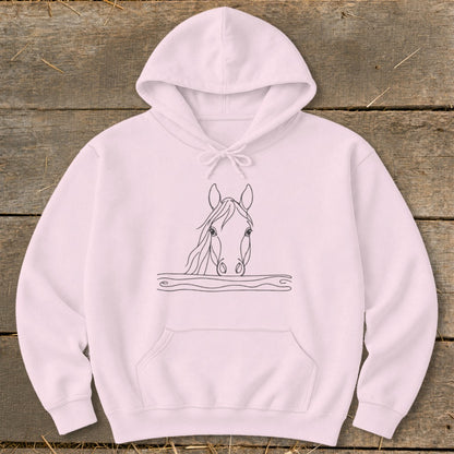 Pink hoodie with a minimalist black line drawing of a horse's head.