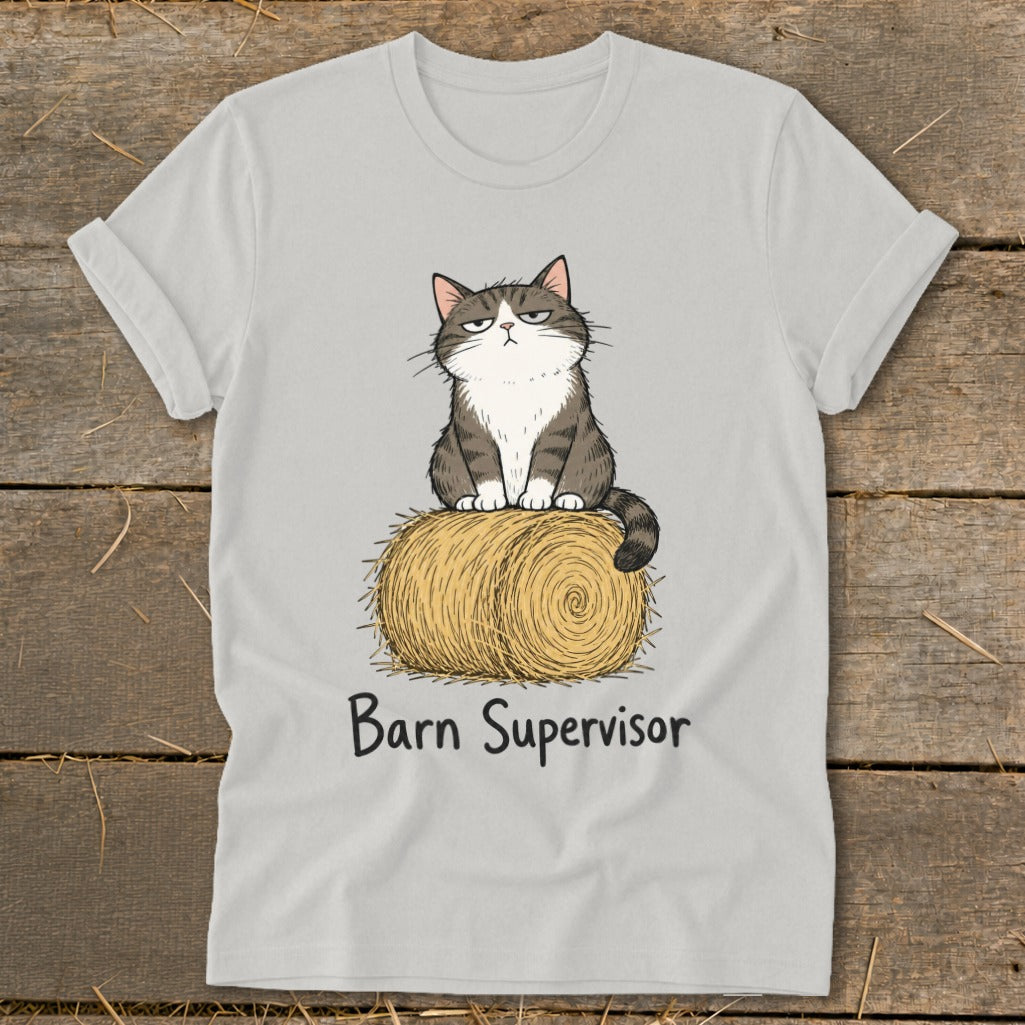 Gray t-shirt with cartoon cat sitting on hay bale, text "Barn Supervisor".