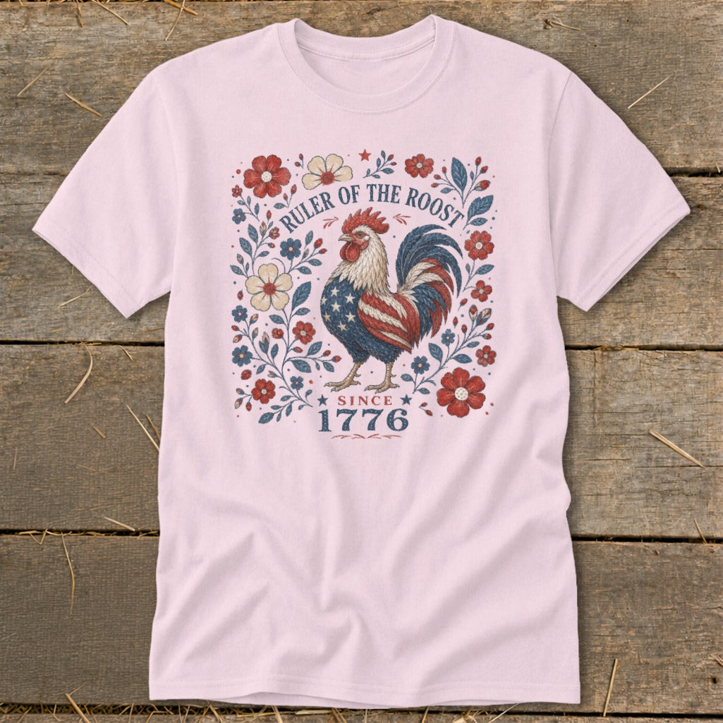 Pink t-shirt with patriotic rooster design and text "Ruler of the Roost Since 1776".