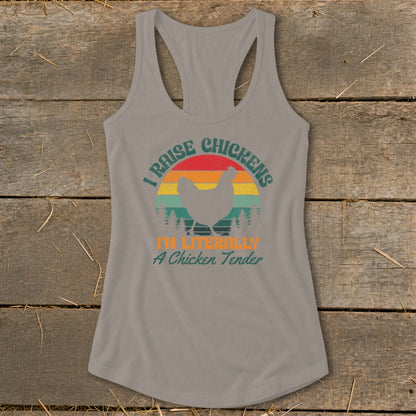Grey tank top with "I Raise Chickens" and chicken graphic.