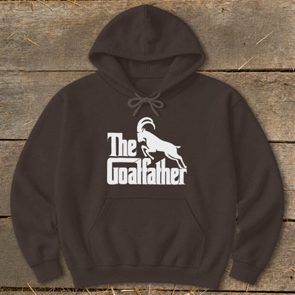 Brown hoodie with white "The Goatfather" graphic and goat silhouette.