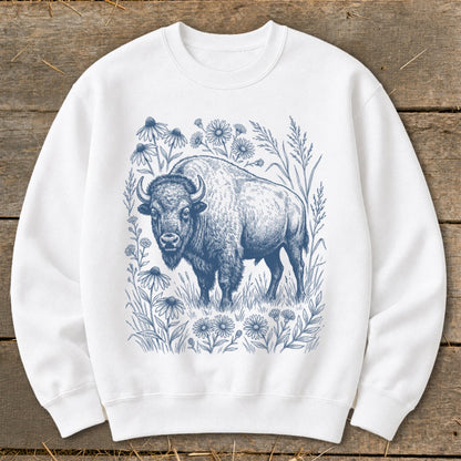 White sweatshirt with blue line art of a bison in a field of wildflowers.