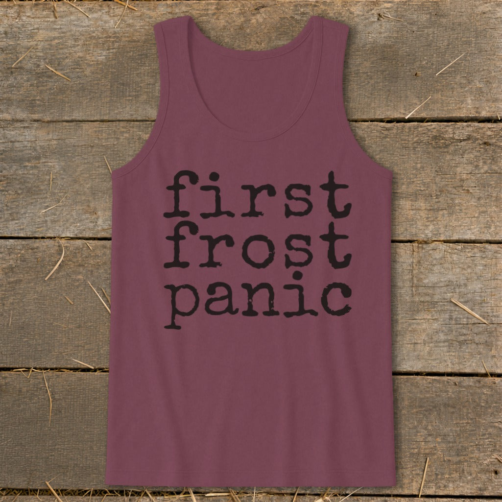 Maroon tank top with black text reading "first frost panic."