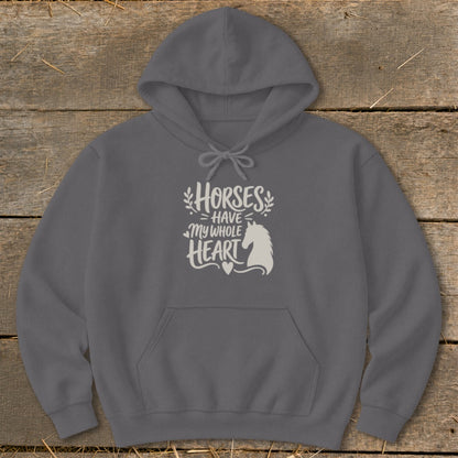 Grey hoodie with "Horses Have My Whole Heart" text and horse silhouette.