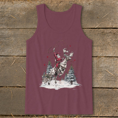 Santa lassoing a reindeer with snow-covered trees and a fence in the background.