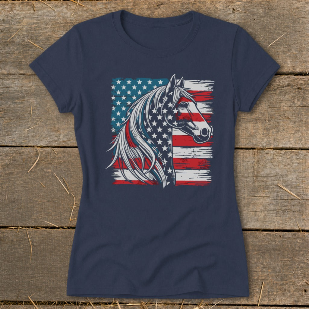 Horse head illustration with American flag pattern on a navy t-shirt.