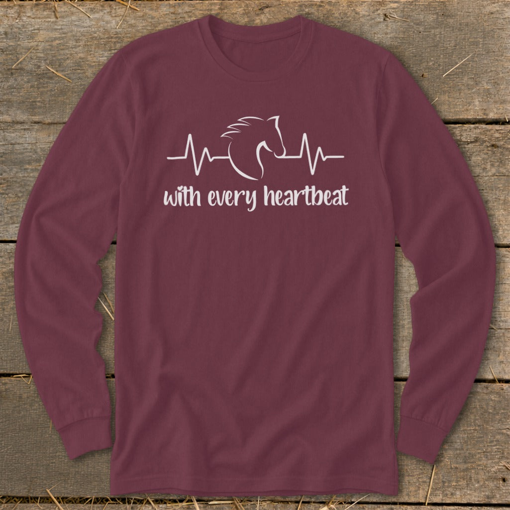 Maroon long-sleeve shirt with white horse and heartbeat graphic and text.