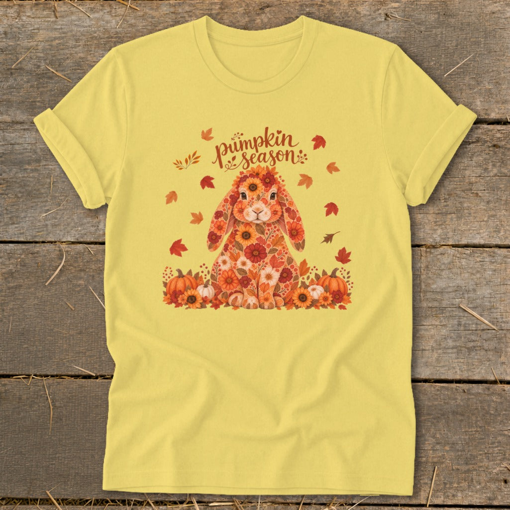 Yellow t-shirt with a floral bunny, pumpkins, and "pumpkin season" text.