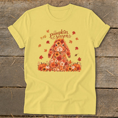 Yellow t-shirt with a floral bunny, pumpkins, and "pumpkin season" text.