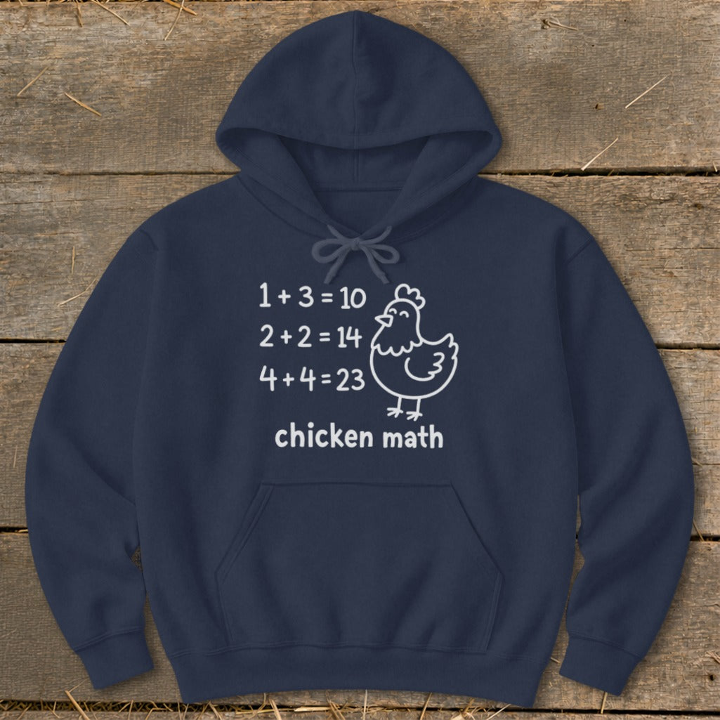 Navy hoodie with "chicken math" text and a cartoon chicken illustration.