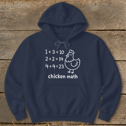 Navy hoodie with "chicken math" text and a cartoon chicken illustration.