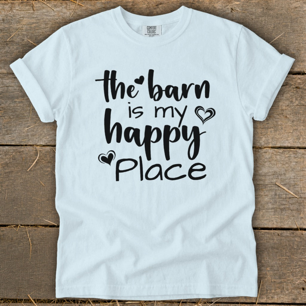 White t-shirt with black text: "the barn is my happy place".