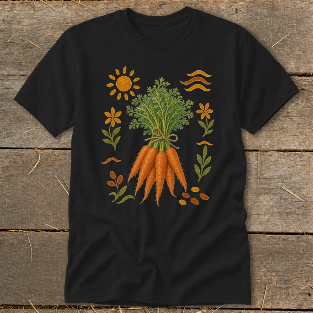 Black t-shirt with illustration of a bunch of carrots and garden motifs.