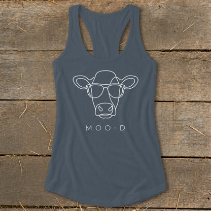 Slate blue tank top with a white line drawing of a cow wearing sunglasses and "MOO-D" text.