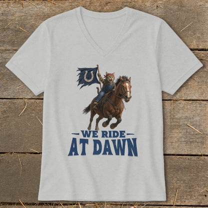 Cat rider on horse holding flag with blue horseshoe, text reads "We Ride At Dawn".