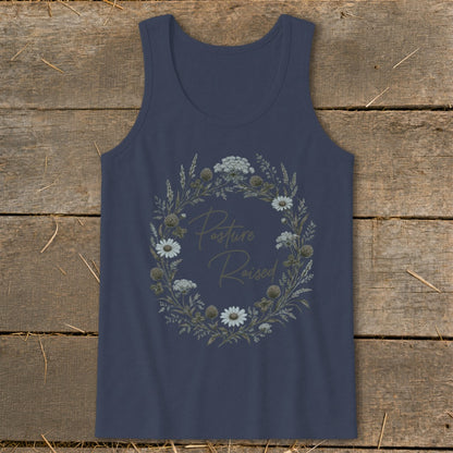 Navy tank top with floral wreath and "Pasture Raised" text.