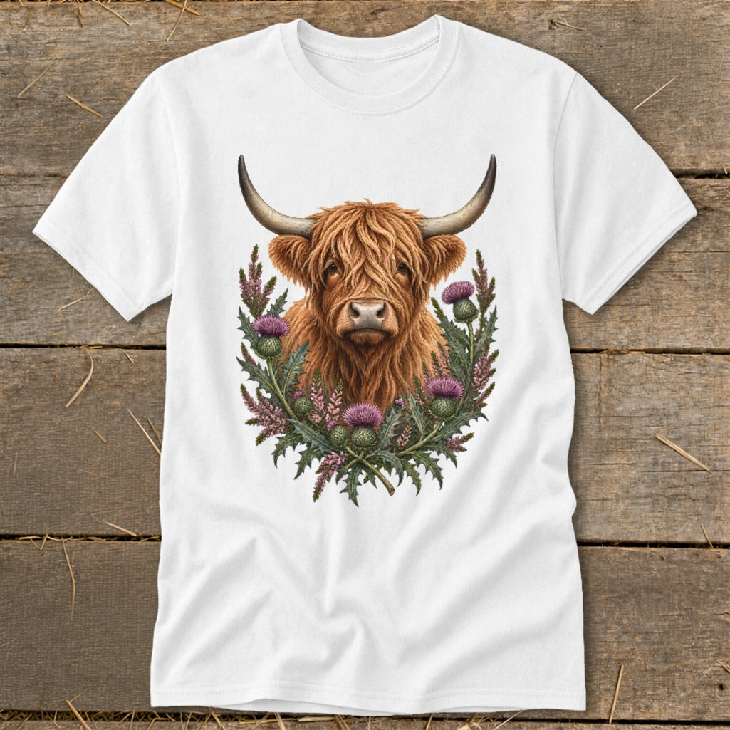 White t-shirt featuring a Highland cow portrait surrounded by thistles.