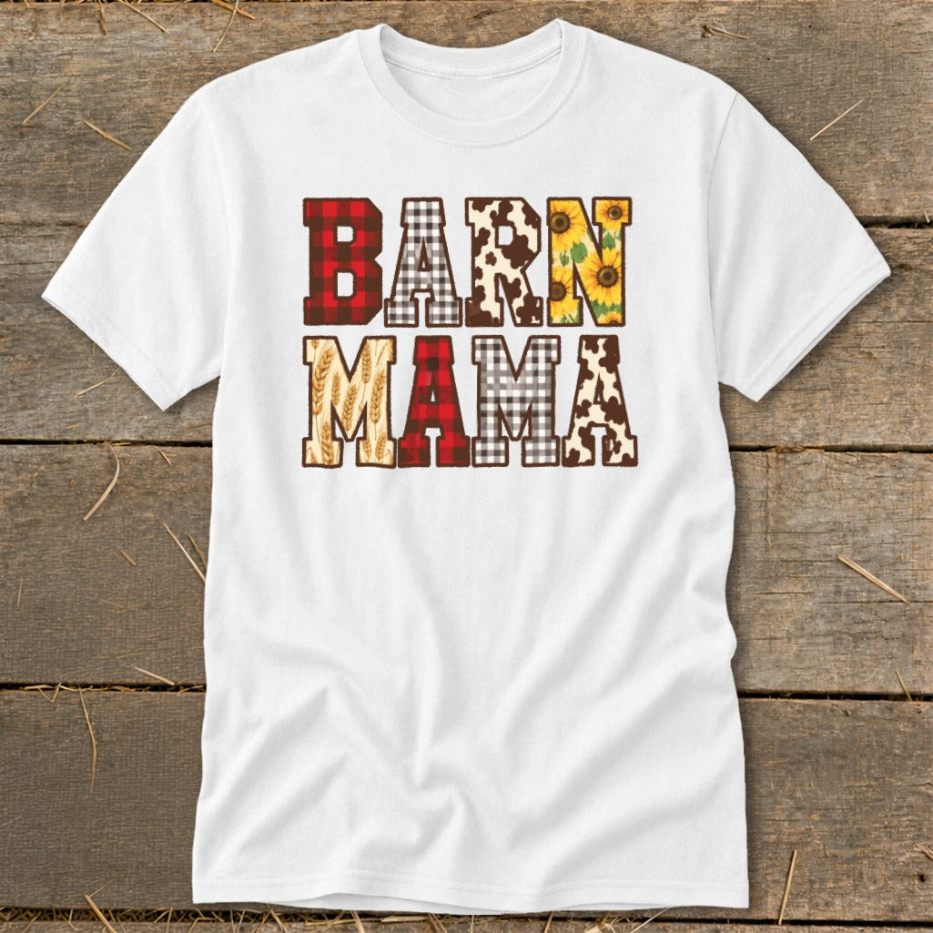 White t-shirt with "BARN MAMA" text in patterned letters.
