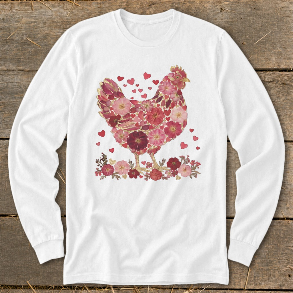 White long-sleeve shirt featuring a chicken made of pink and red flowers and hearts.