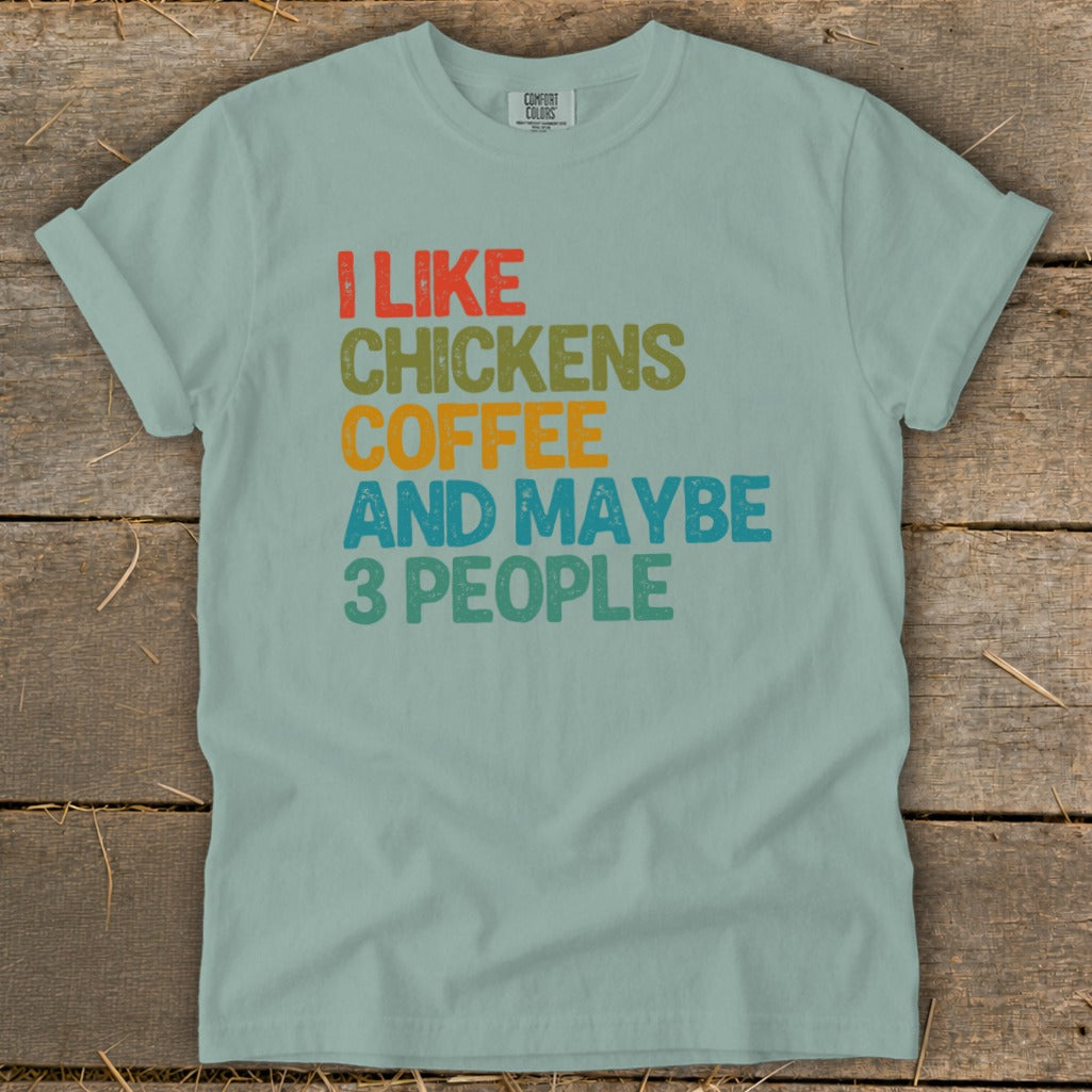 Light blue t-shirt with "I like chickens coffee and maybe 3 people" text.
