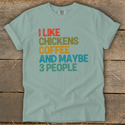Light blue t-shirt with "I like chickens coffee and maybe 3 people" text.