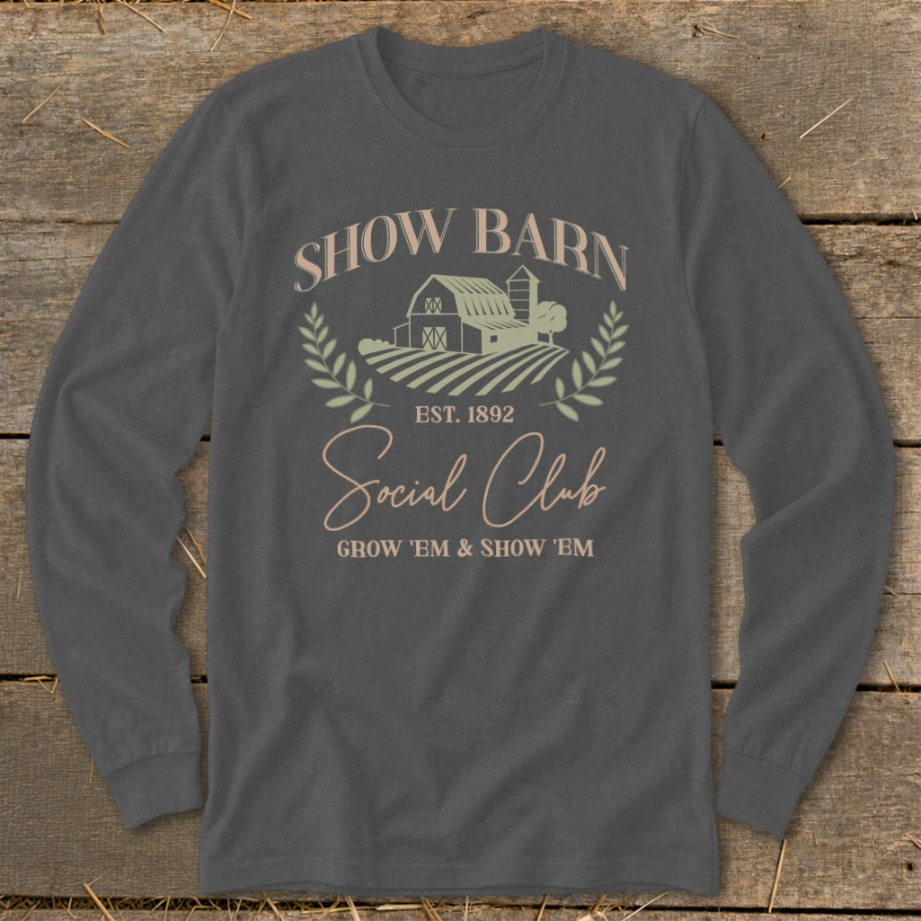 Long sleeve shirt with "Show Barn Social Club" graphic and farm imagery.