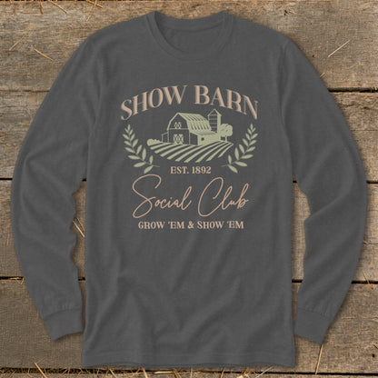Long sleeve shirt with "Show Barn Social Club" graphic and farm imagery.
