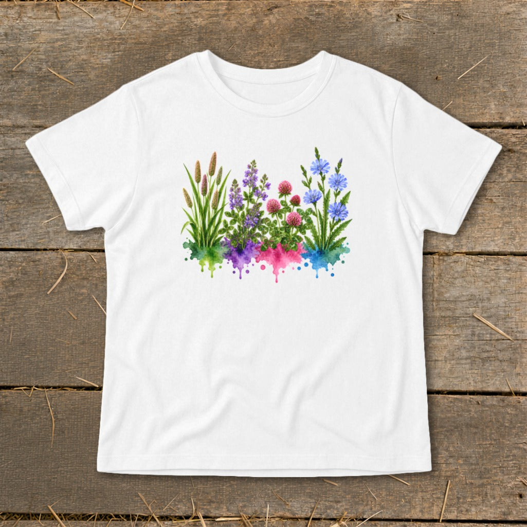 A white short-sleeved t-shirt features a colorful botanical watercolor print of assorted wildflowers across the chest.