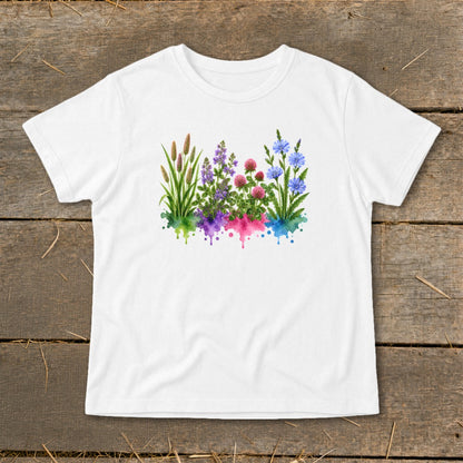A white short-sleeved t-shirt features a colorful botanical watercolor print of assorted wildflowers across the chest.