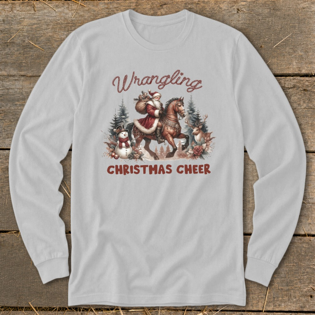 Santa riding a horse with a snowman and deer, "Wrangling Christmas Cheer" text.