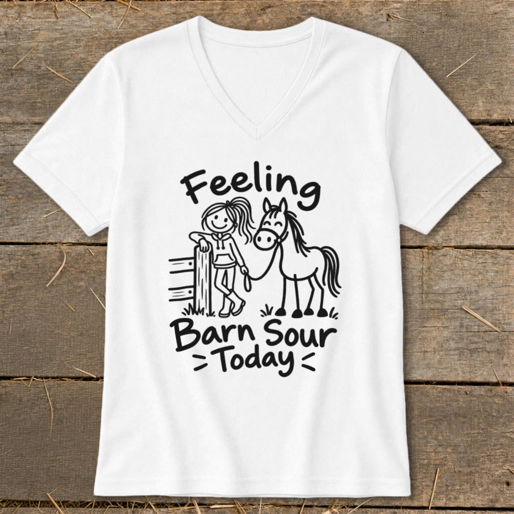White t-shirt with stick figure girl and horse graphic, text reads "Feeling Barn Sour Today".