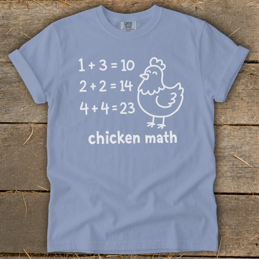Light blue t-shirt with "1+3=10, 2+2=14, 4+4=23, chicken math" and a chicken.