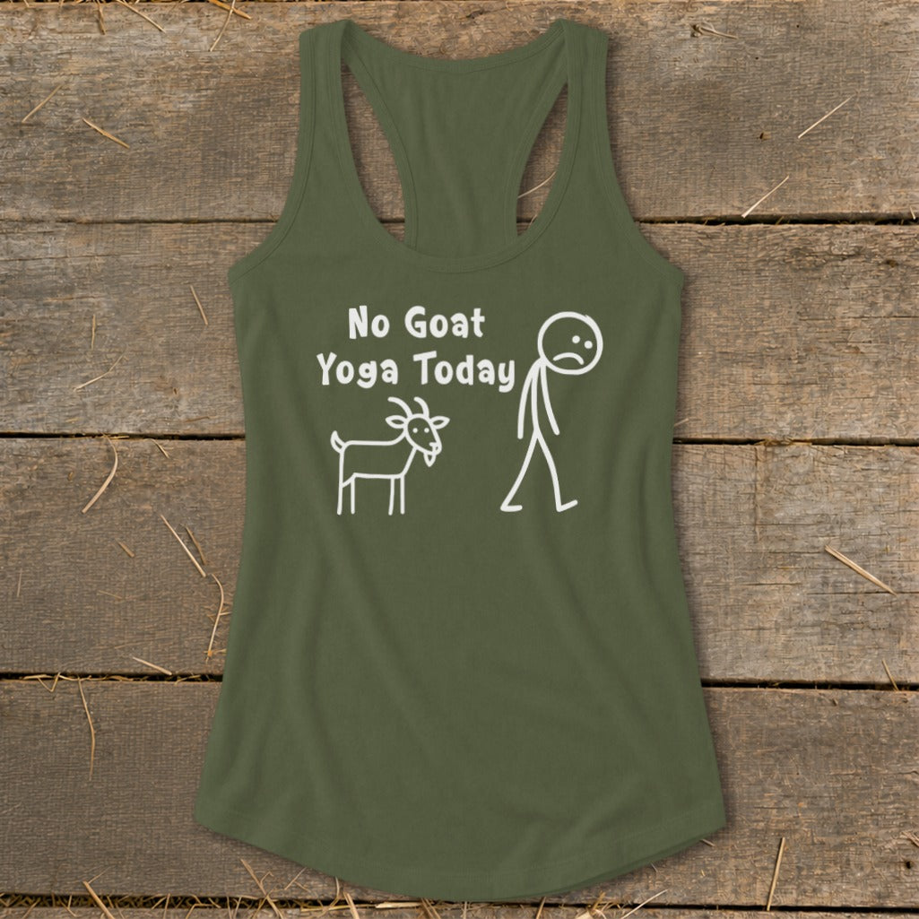 Olive green tank top with "No Goat Yoga Today" text and stick figures.