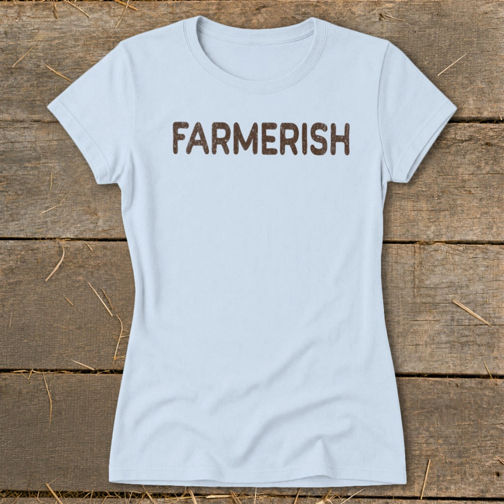 Light blue t-shirt with brown "FARMERISH" text.