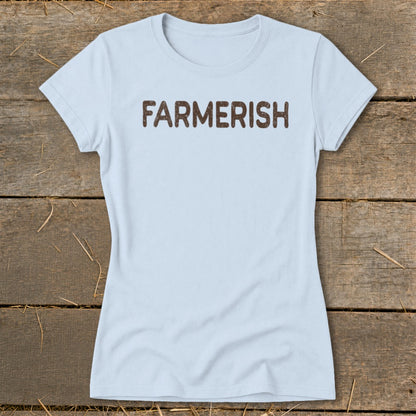 Light blue t-shirt with brown "FARMERISH" text.