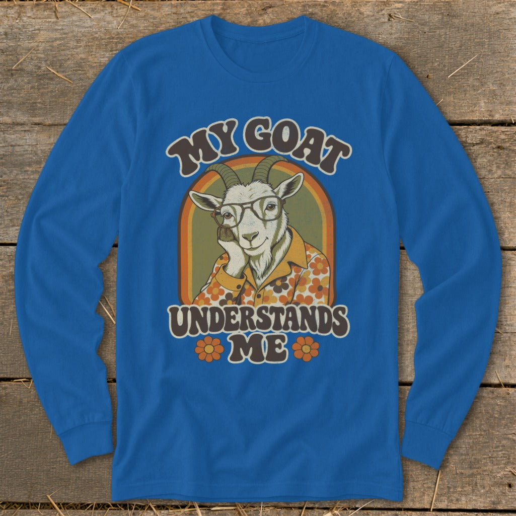Goat wearing glasses and a patterned shirt with text "MY GOAT UNDERSTANDS ME."