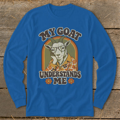 Goat wearing glasses and a patterned shirt with text "MY GOAT UNDERSTANDS ME."