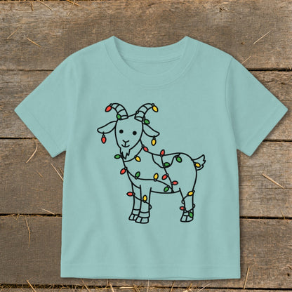 Light blue t-shirt with a black line drawing of a goat covered in colorful Christmas lights.