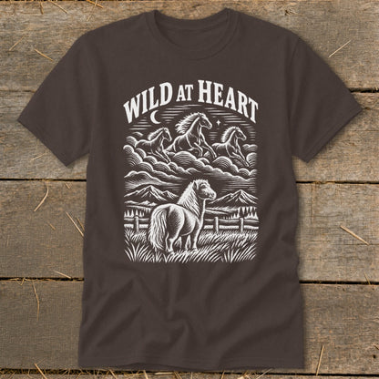 Brown t-shirt with white graphic of horses and mountains, text reads "WILD AT HEART".