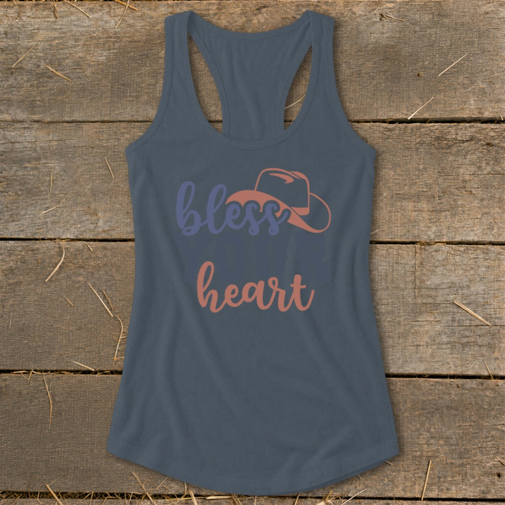 Blue and coral text "bless heart" with cowboy hat graphic on gray tank top.