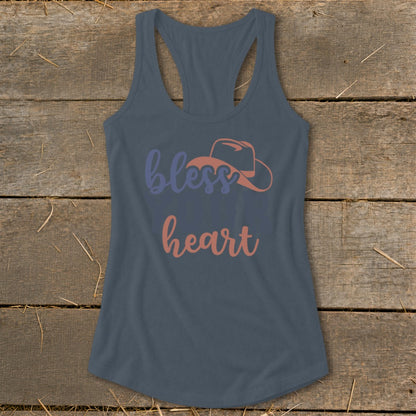Blue and coral text "bless heart" with cowboy hat graphic on gray tank top.