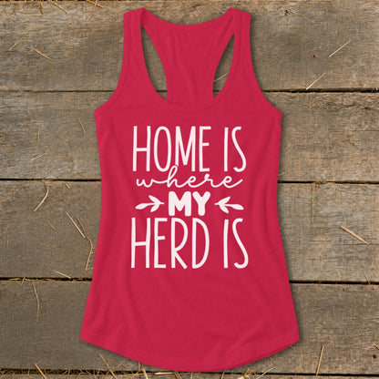 Red racerback tank top with white text "HOME IS where MY HERD IS".