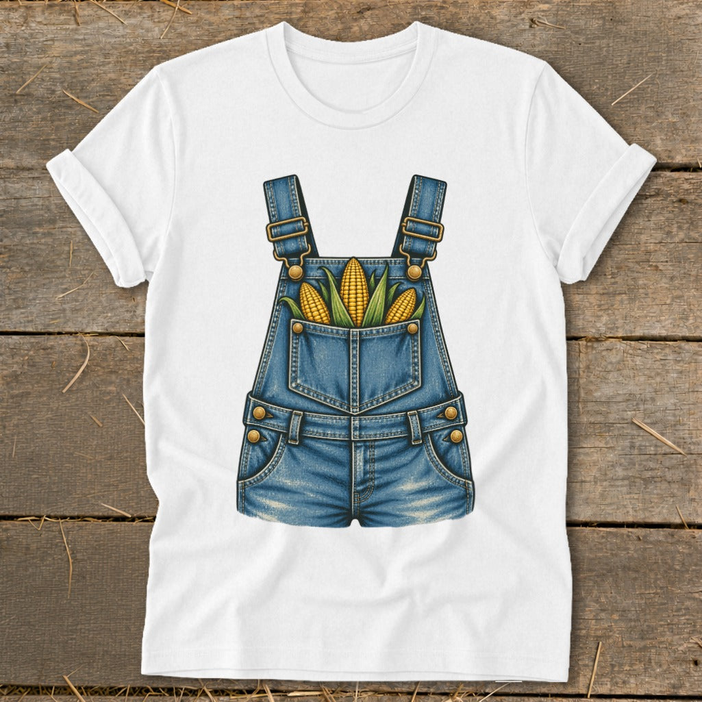 White t-shirt with denim overalls graphic and corn cobs in the pocket.