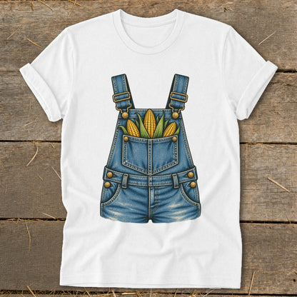White t-shirt with denim overalls graphic and corn cobs in the pocket.