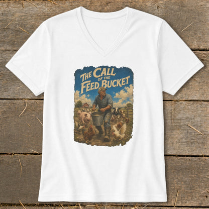 "The Call of the Feed Bucket" graphic with farmer feeding animals on a t-shirt.